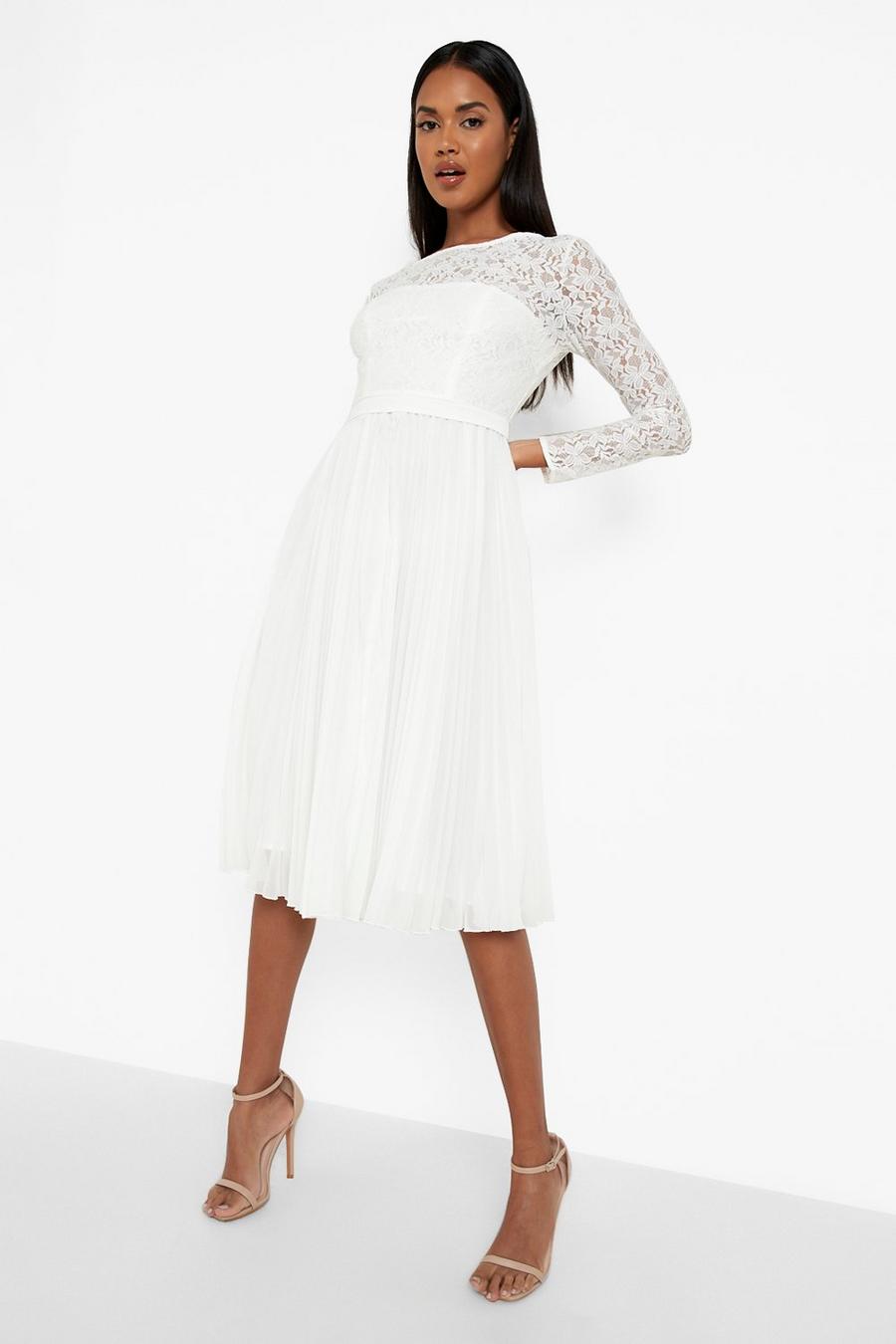 White blanc Lace Pleated Midi Dress
