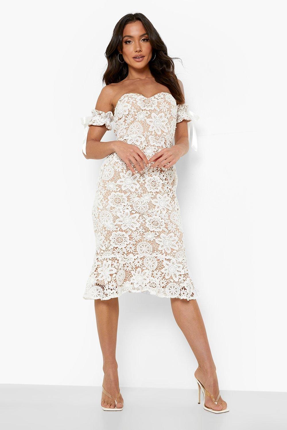 Boohoo lace hot sale overlay bardot dress