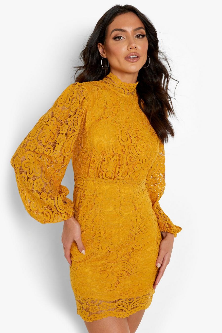 Mustard Lace High Neck Mini Dress image number 1