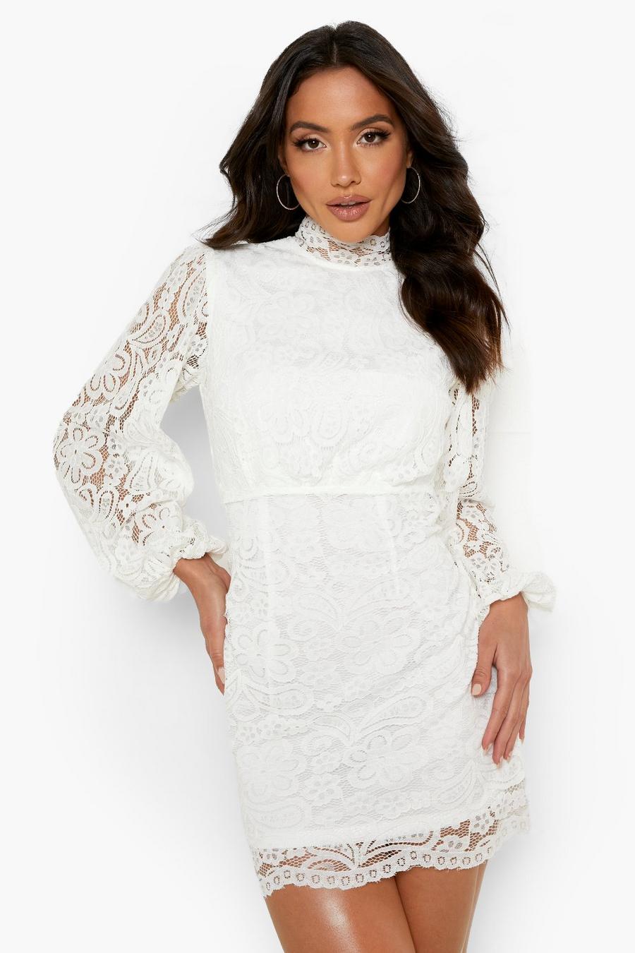 White vit Lace High Neck Mini Dress