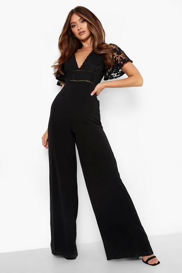 Kanten Wide Leg Jumpsuit Met Laag Decolleté black