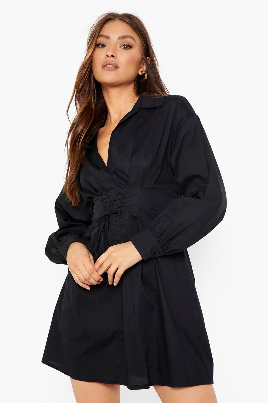 Black Corset Detail Volume Sleeve Shirt Dress
