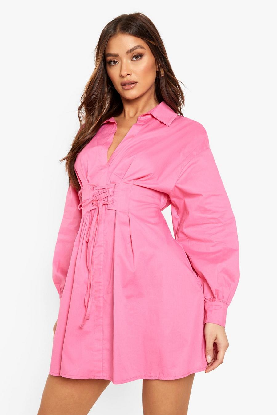 Pink Corset Detail Puff Sleeve Shirt Dress image number 1