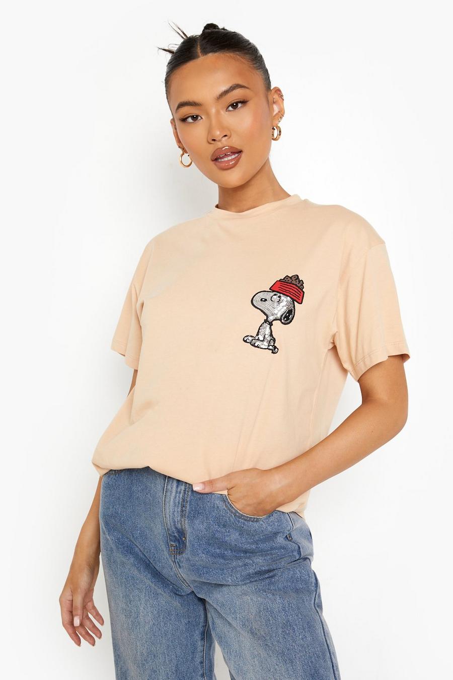 T-Shirt mit lizenziertem „Snoopy“-Print und Pailletten, Kamelhaarfarben image number 1
