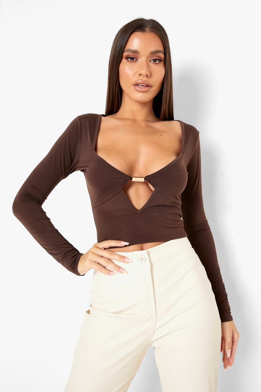 Langärmliges Cut-Out Crop Top mit Metall-Detail, Chocolate image number 1