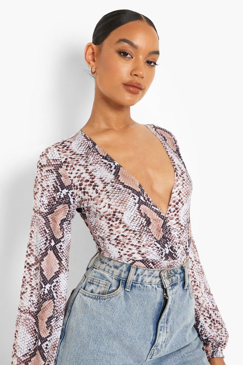 Snake Print Wrap Long Sleeve Bodysuit