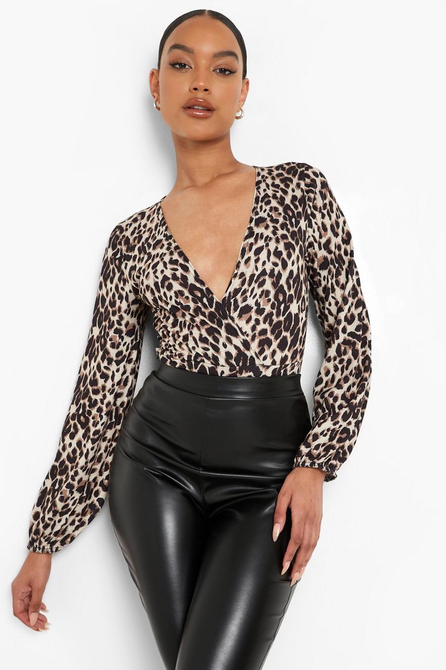 Brown Leopard Print Wrap Long Sleeve Bodysuit image number 1