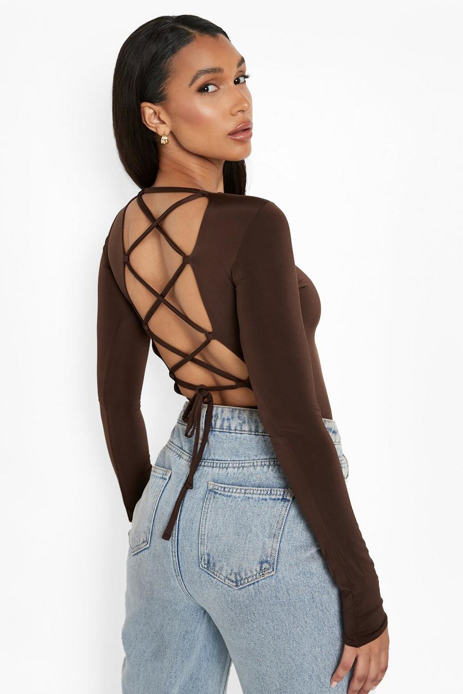 Chocolate Double Slinky Lace Up Back Detail Bodysuit image number 1