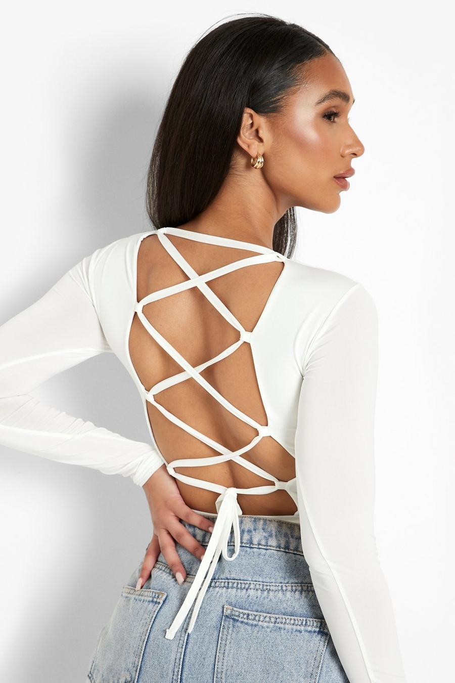 Ivory Double Slinky Lace Up Back Detail Bodysuit image number 1