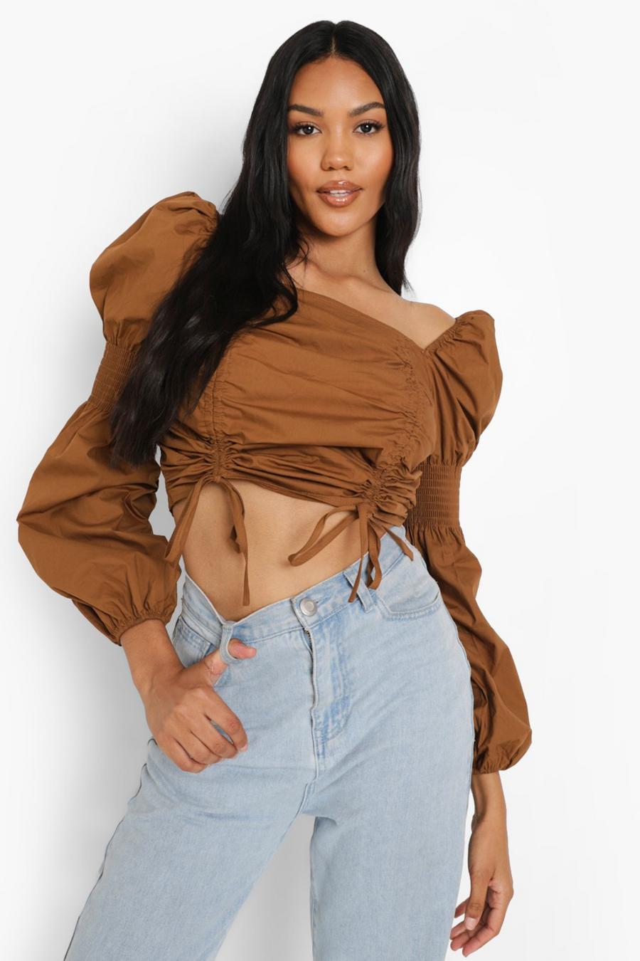 Crop top in tessuto con ruches, Beige image number 1