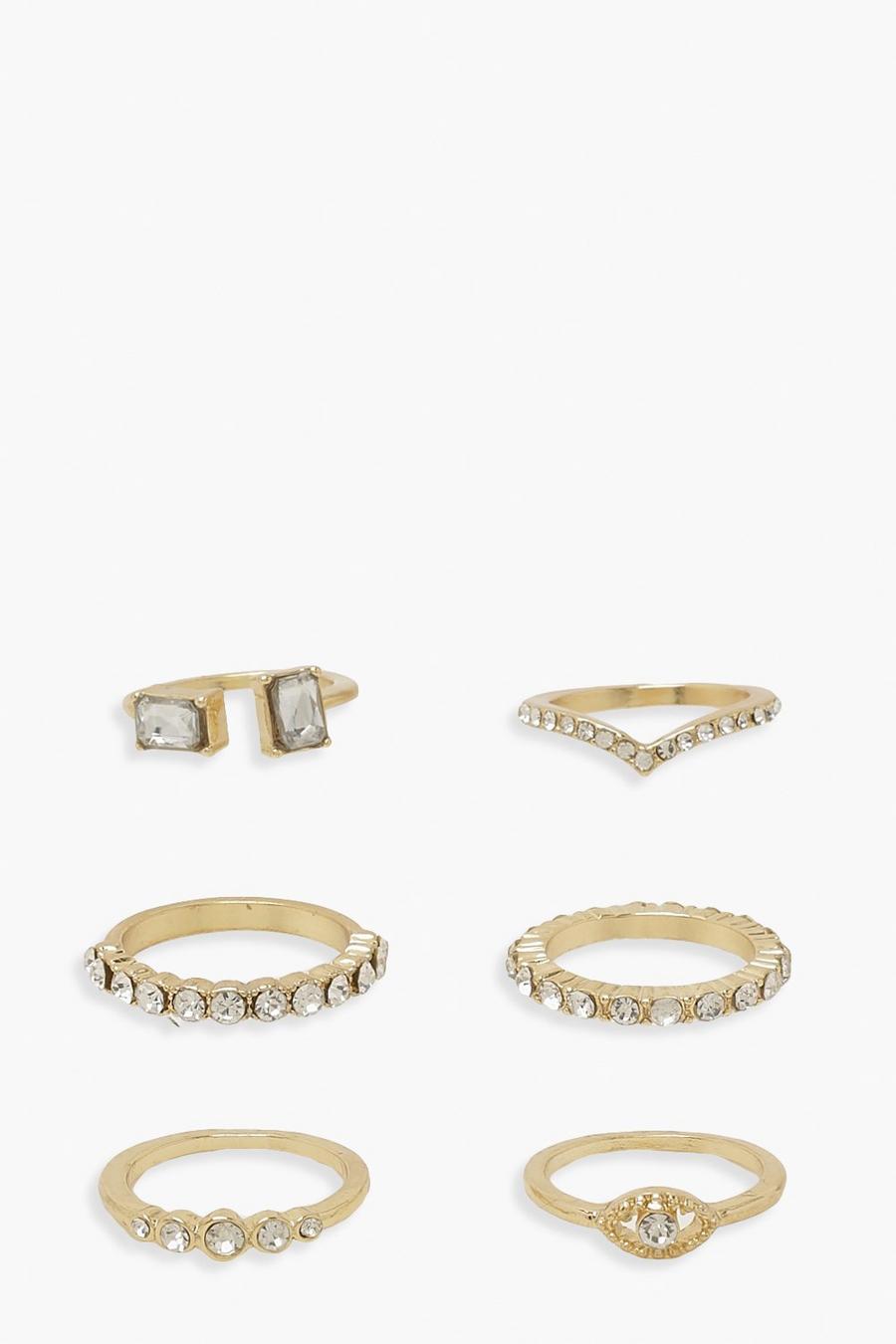 Gold Diamante Simple Stacking 6 Pack Ring Set image number 1
