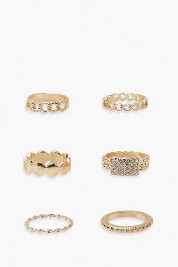 Gold Assorted Diamante 6 Pack Ring Set gold