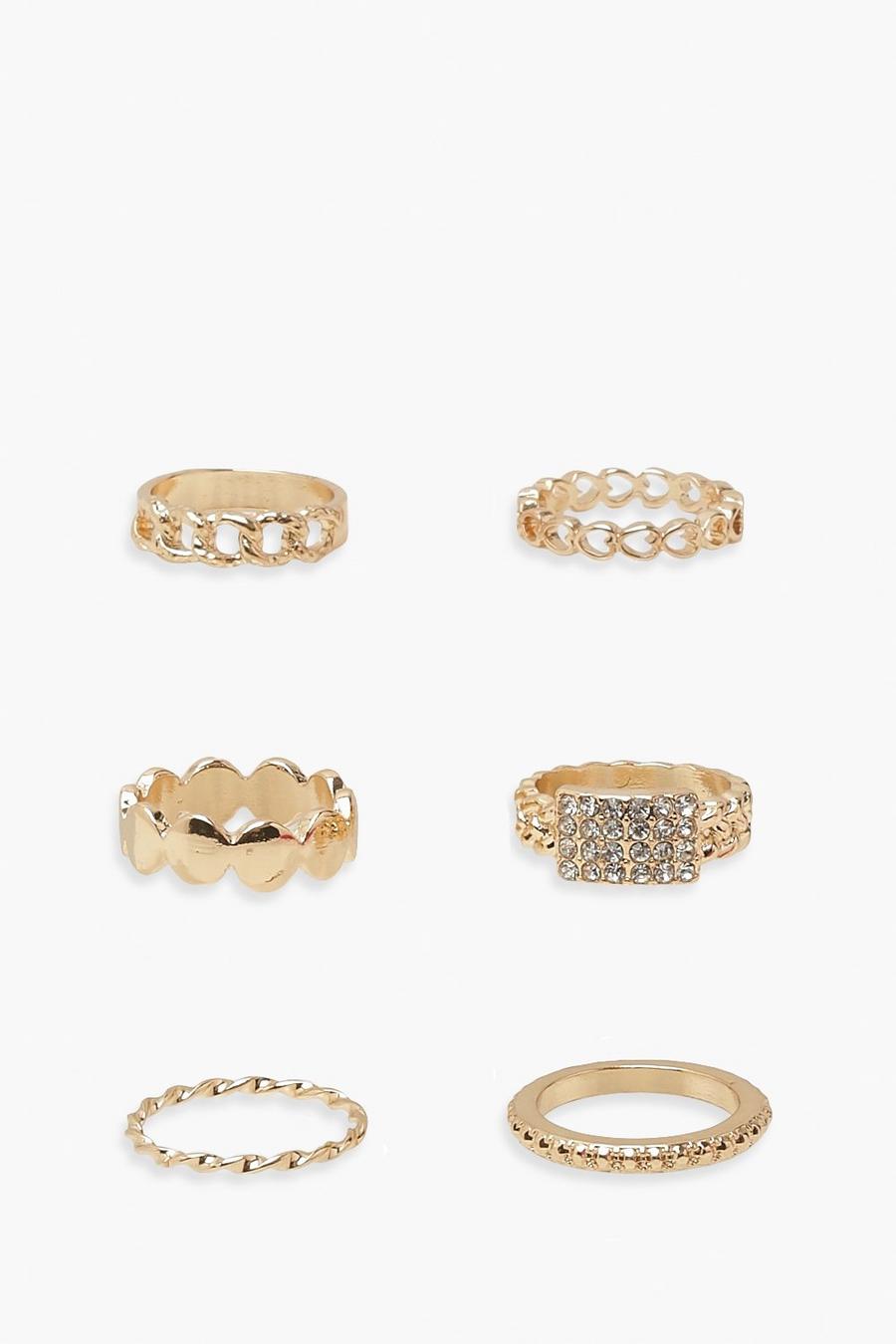 Gold Assorted Diamante 6 Pack Ring Set