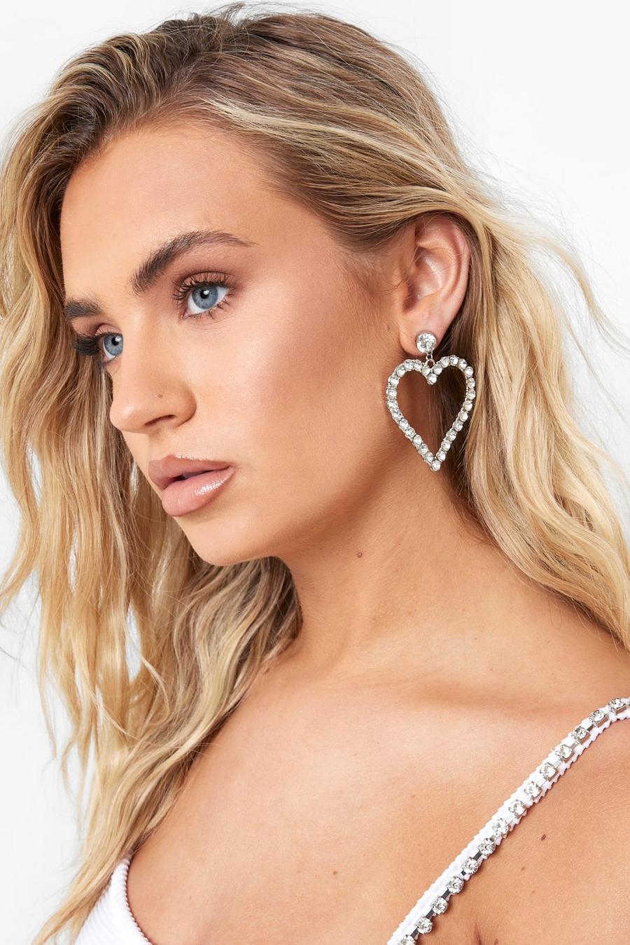 Silver Diamante Large Heart Hoop Earrings