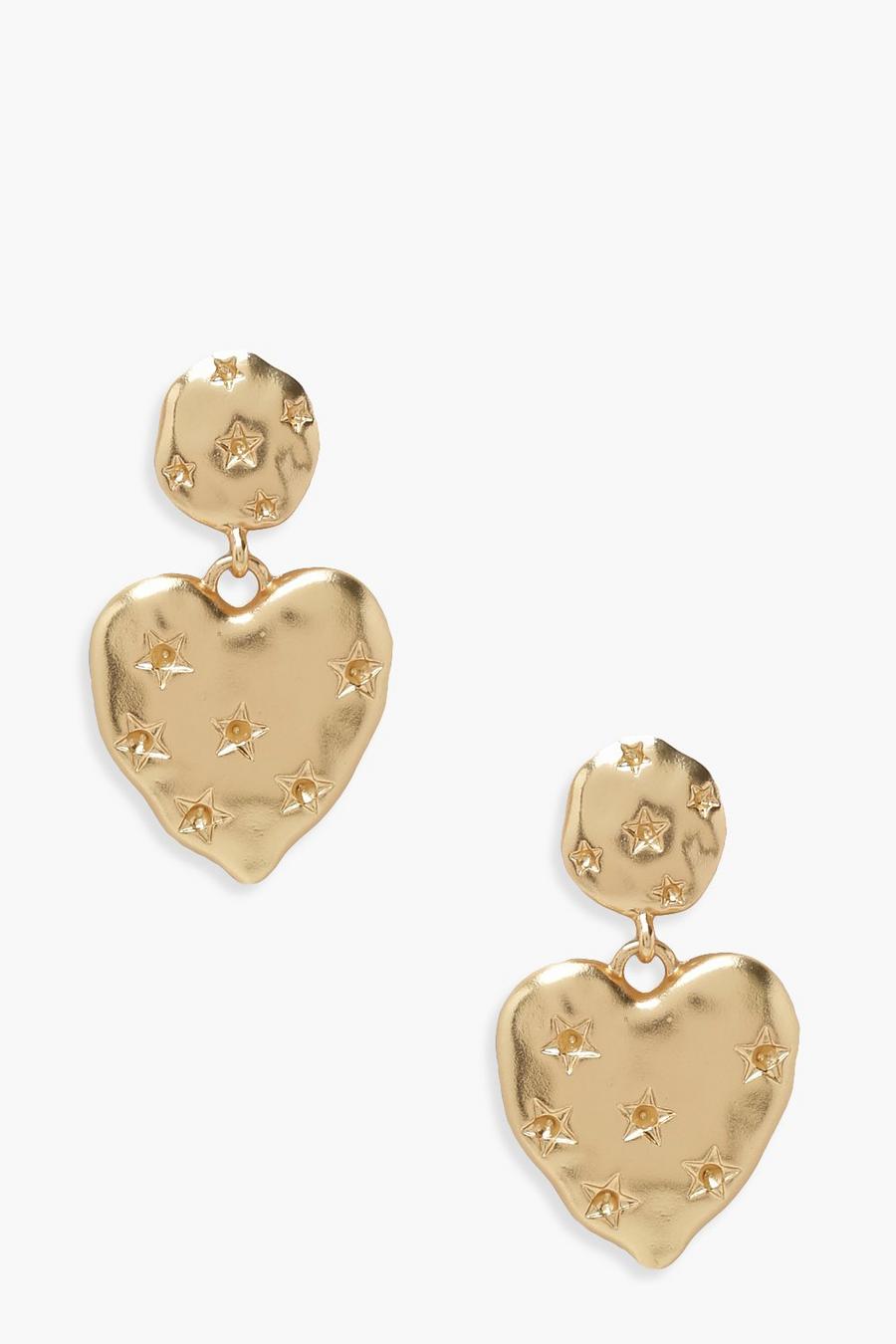 Gold Heart Shaped Textured Drop Earrings image number 1