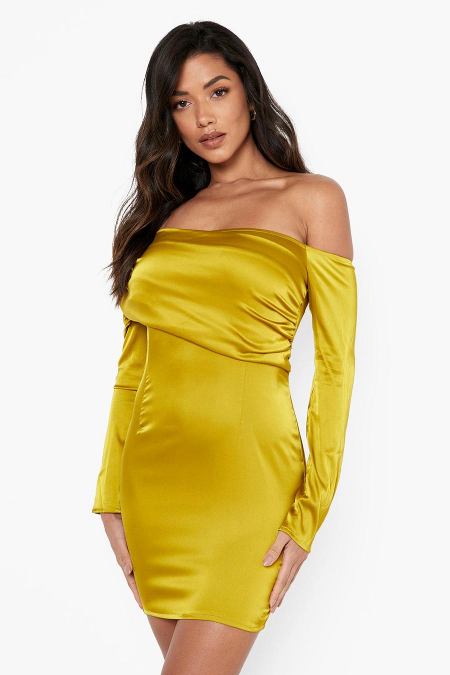 Chartreuse Satin Off The Shoulder Mini Dress image number 1