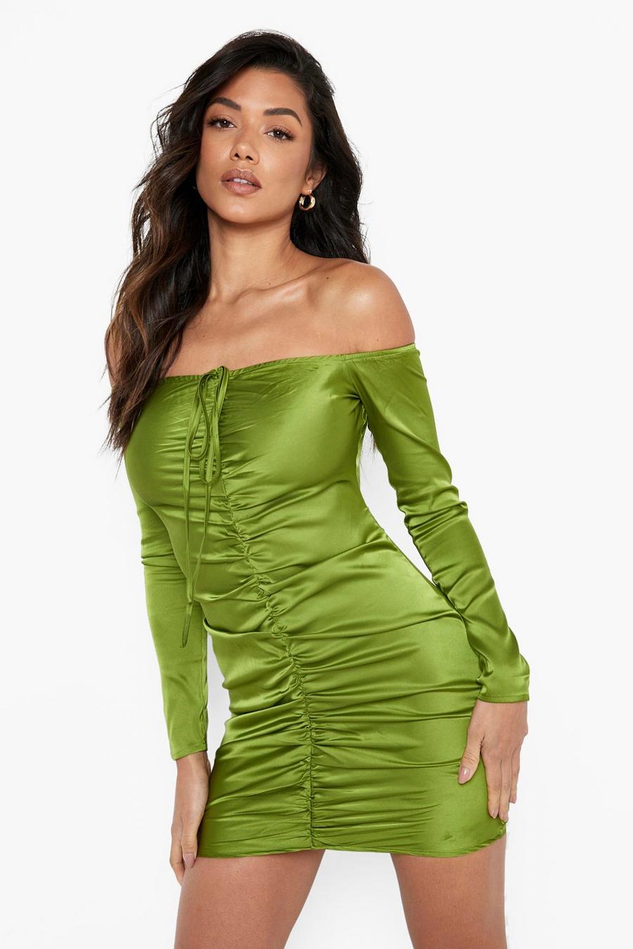 Green Satin Off The Shoulder Halterneck Rouched Mini Dress