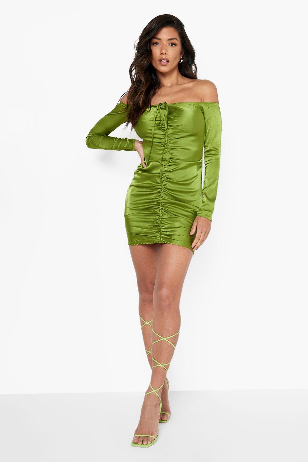 Satin Bardot Halterneck Ruched Mini Dress