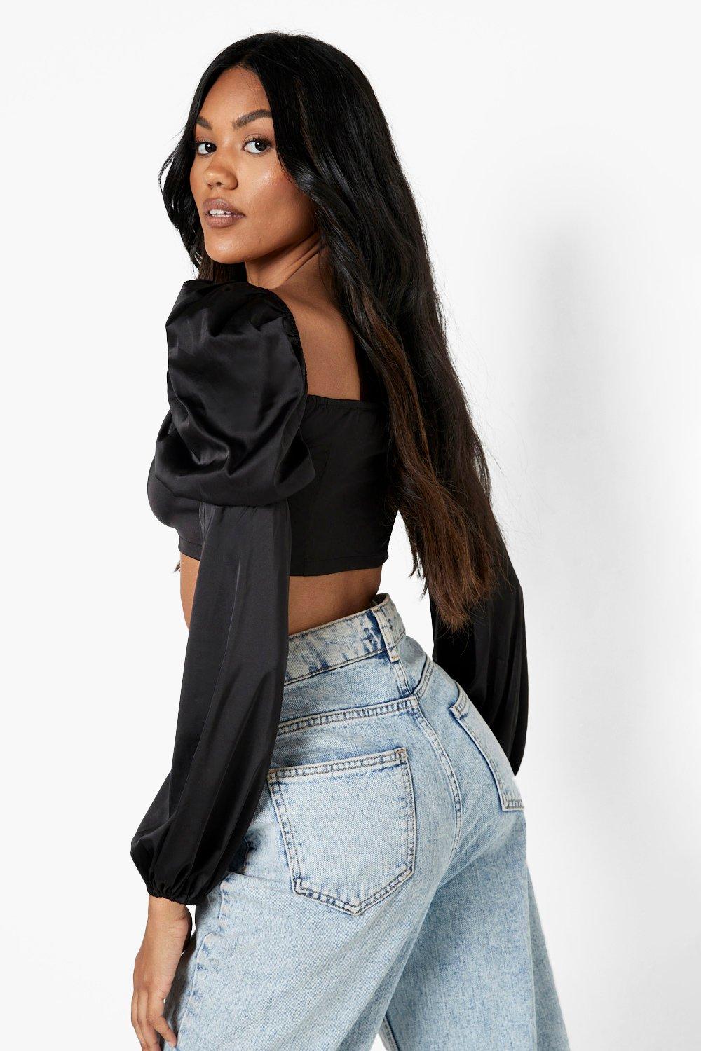 Satin puff sleeve crop top store