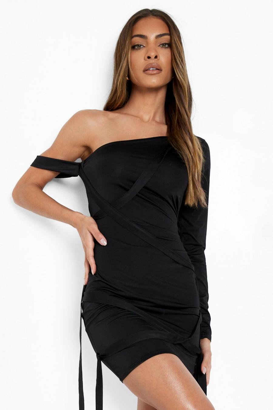 שחור שמלת מיני אסימטרית צמודה בסגנון וילון image number 1