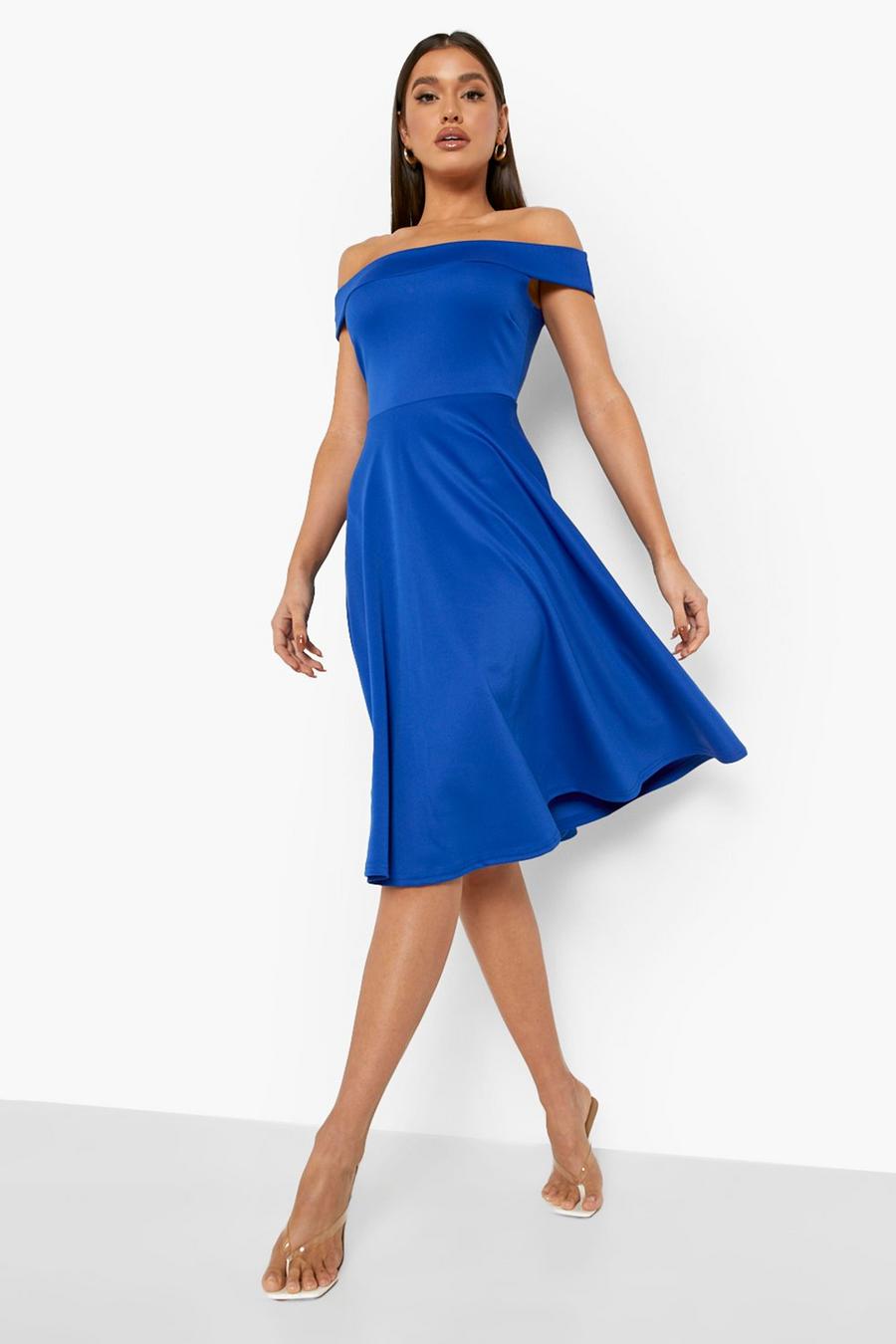 Scuba Bardot Midi-Kleid, Cobalt blue