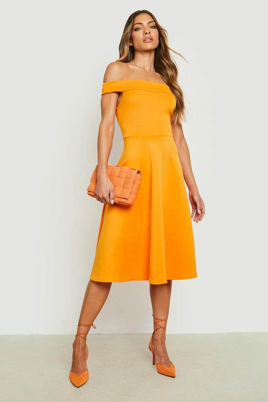 Orange שמלת סקייטר מידי ברדו מבד סקובה image number 1