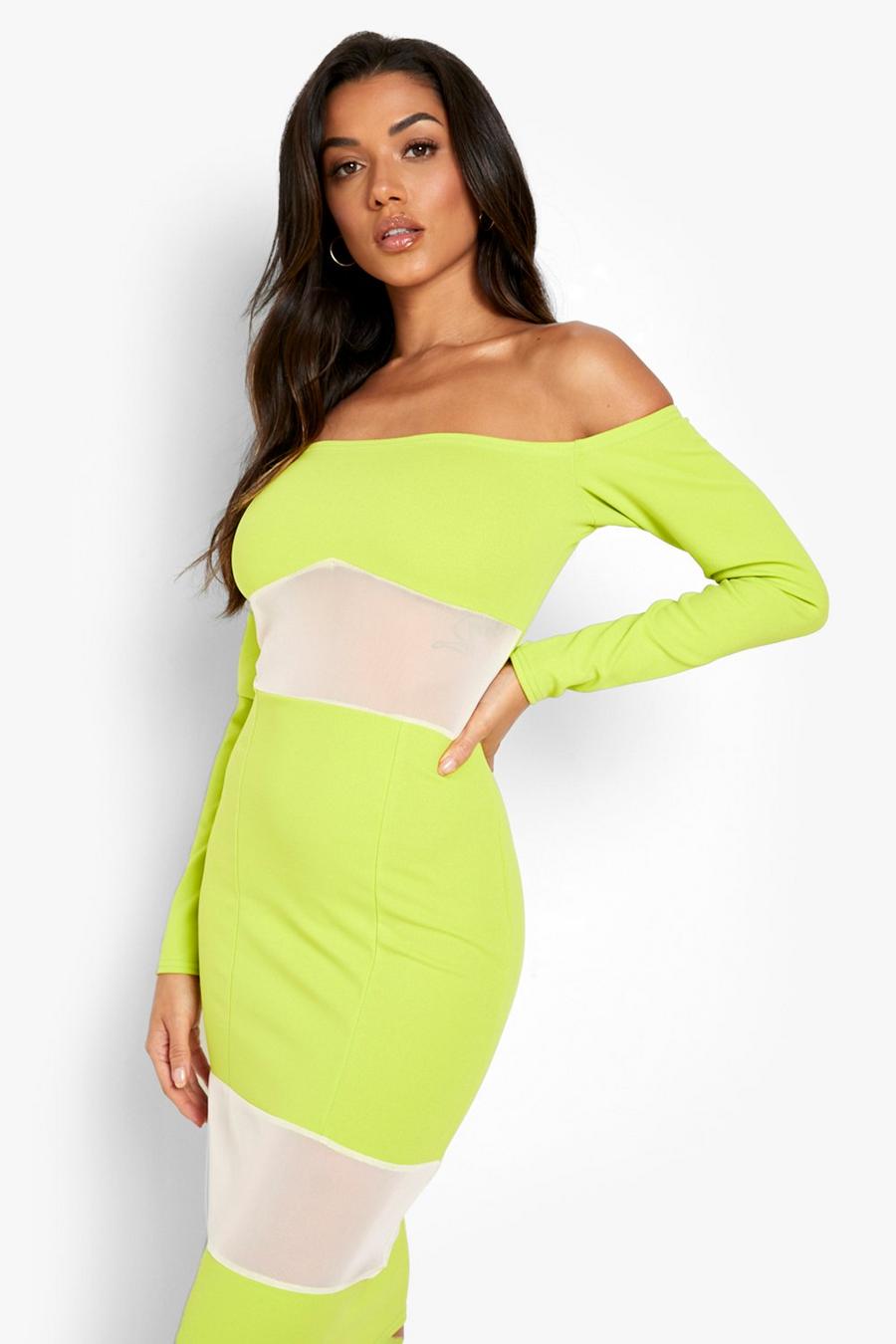 Lime Mesh Paneled Long Sleeve Midi Dress image number 1