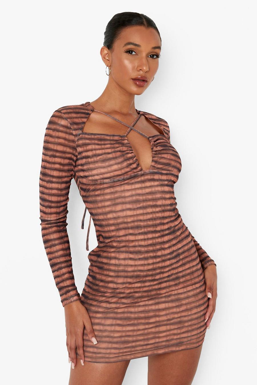 Chocolate brown Striped Long Sleeve Cross Detail Mini Dress