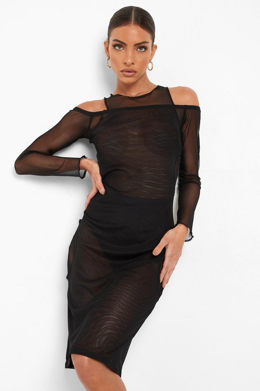 Black Mesh Cut Out Double Layer Midi Dress image number 1