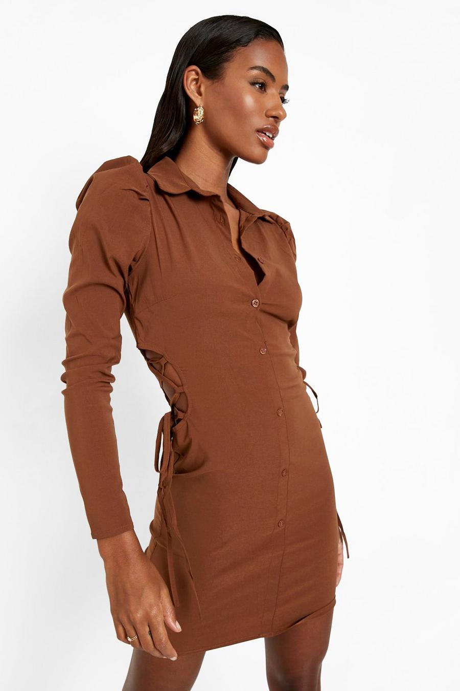 Rust Long Sleeve Lace Up Side Shirt Dress image number 1
