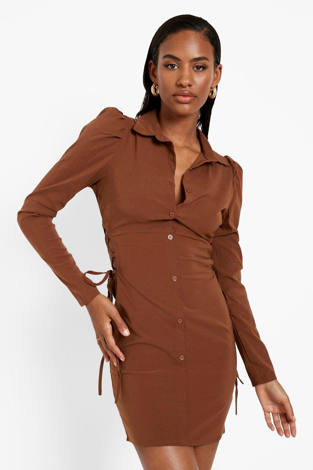 Long Sleeve Lace Up Side Shirt Dress | boohoo USA