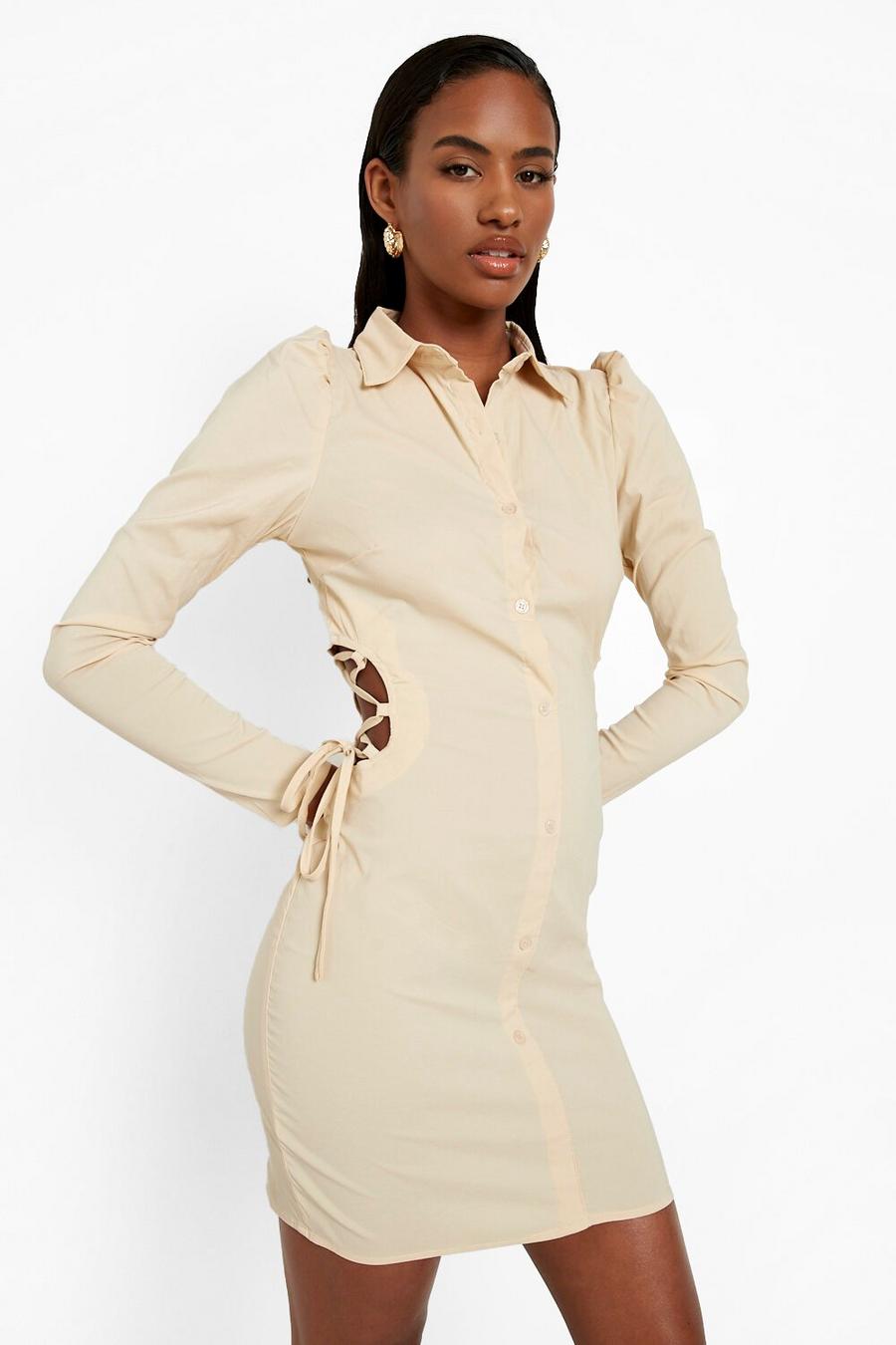 Stone beige Long Sleeve Lace Up Side Shirt Dress