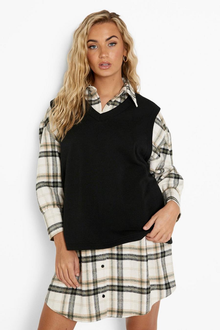 Black 2 In 1 Check Shirt Dress And Sweatshirt Vest image number 1