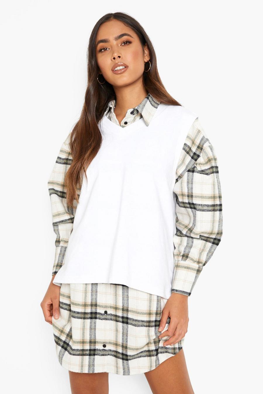 White 2 In 1 Check Shirt Dress And Sweatshirt Vest image number 1