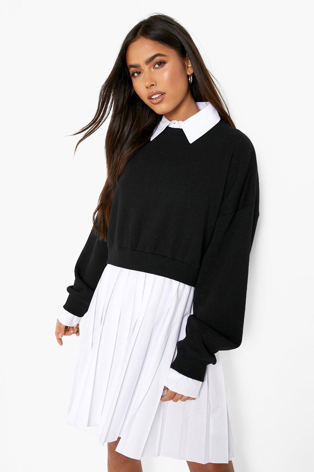 Women s 2 In 1 Sweat Shirt And Pleated Dress Boohoo UK