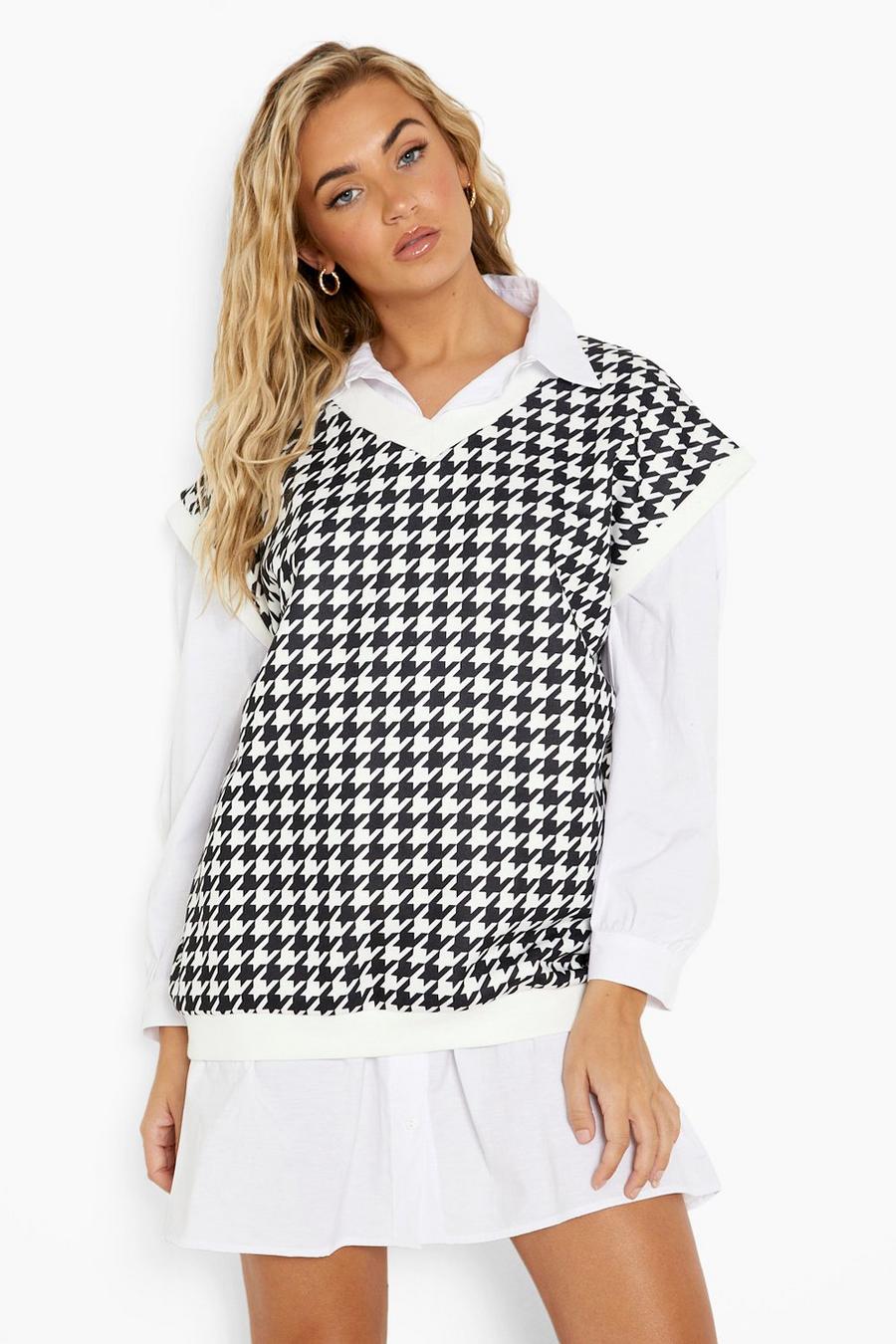 White 2-In-1 Dogtooth Trui En Blouse Jurk image number 1