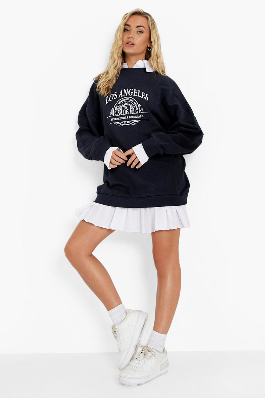 Navy Embroidered 2 In 1 Sweatshirt And Shirt Dress image number 1