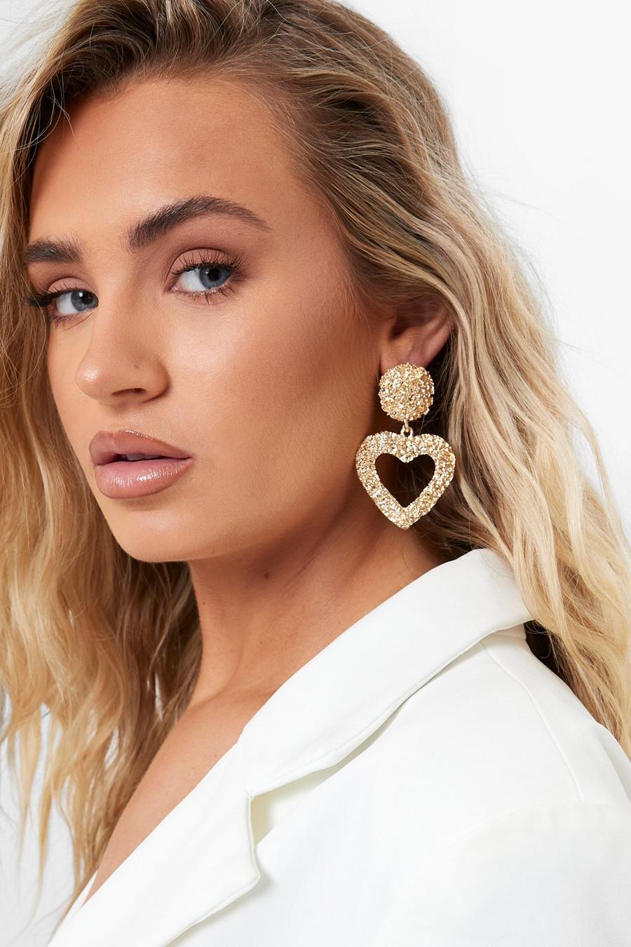 Gold Heart Shaped Textured Statement Earrings