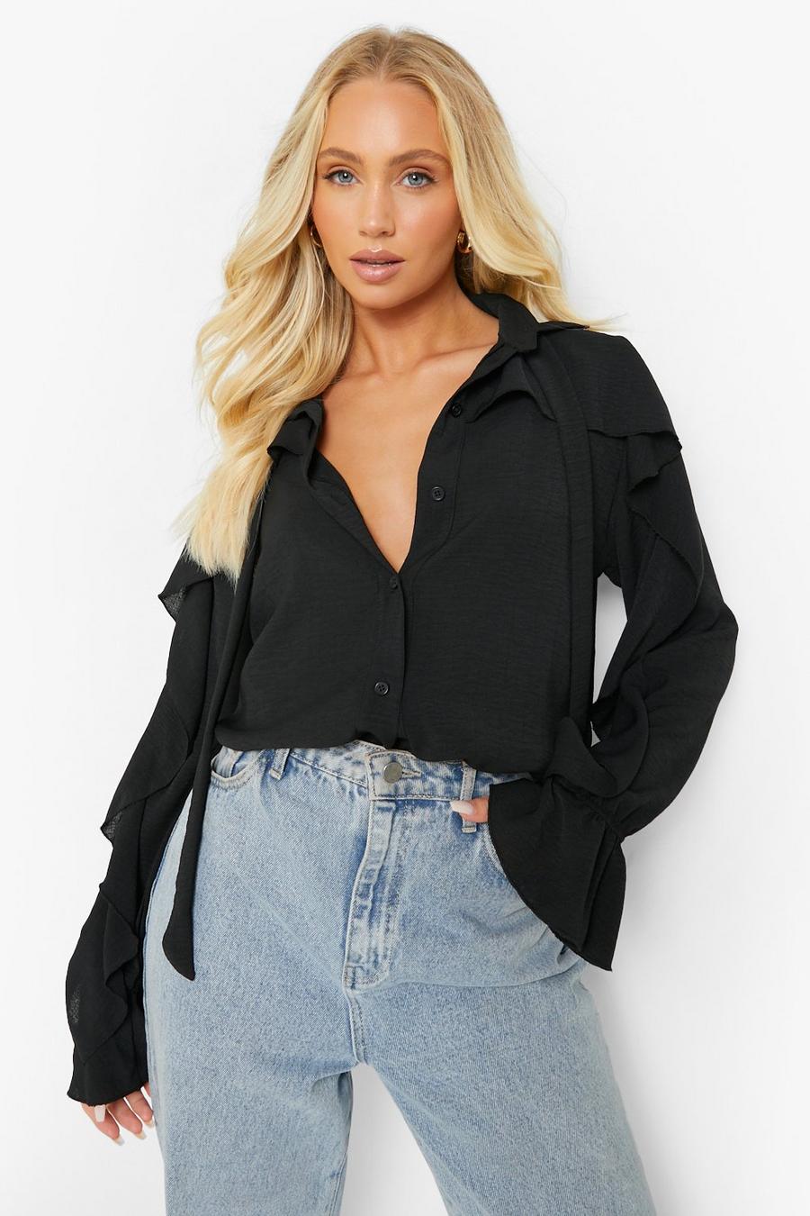 Black Textured Ruffle Detail Blouse image number 1