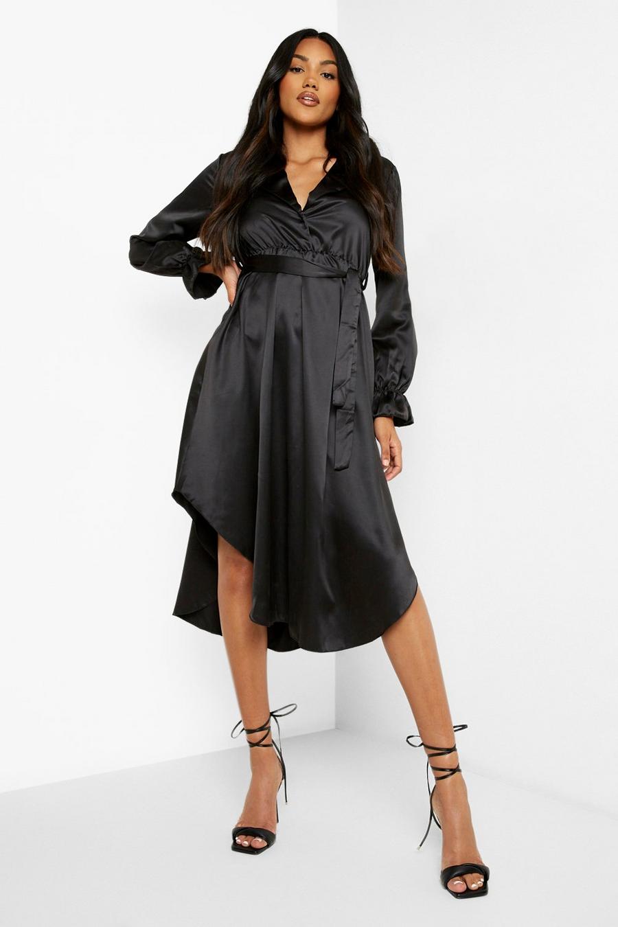 שחור שמלת חולצה עם שרוולי מלמלה ומכפלת נמוכה image number 1