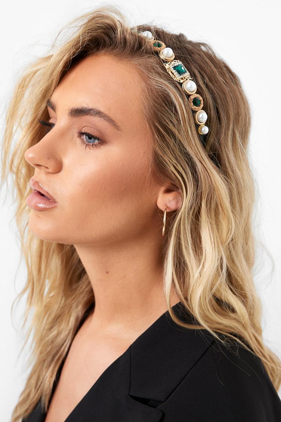 Cerchietto per capelli con perle e gemme, Emerald image number 1