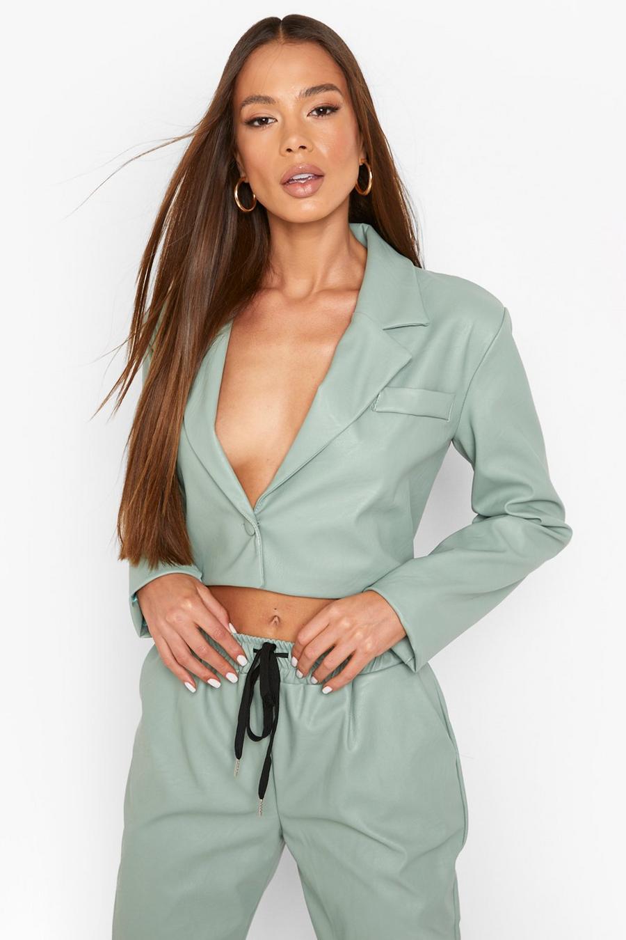 Sage Leather Look Cropped Blazer image number 1