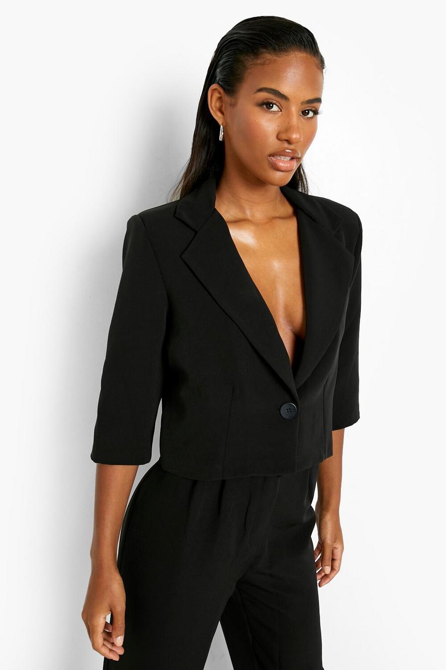 Black Cropped Half Sleeve Tailored Blazer image number 1