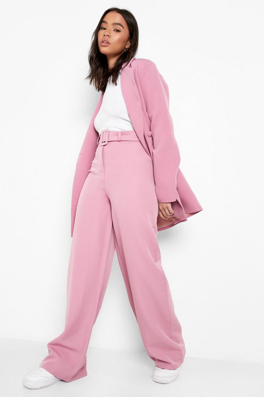 Dusty rose pink Oversized Self Fabric Belted Pants image number 1