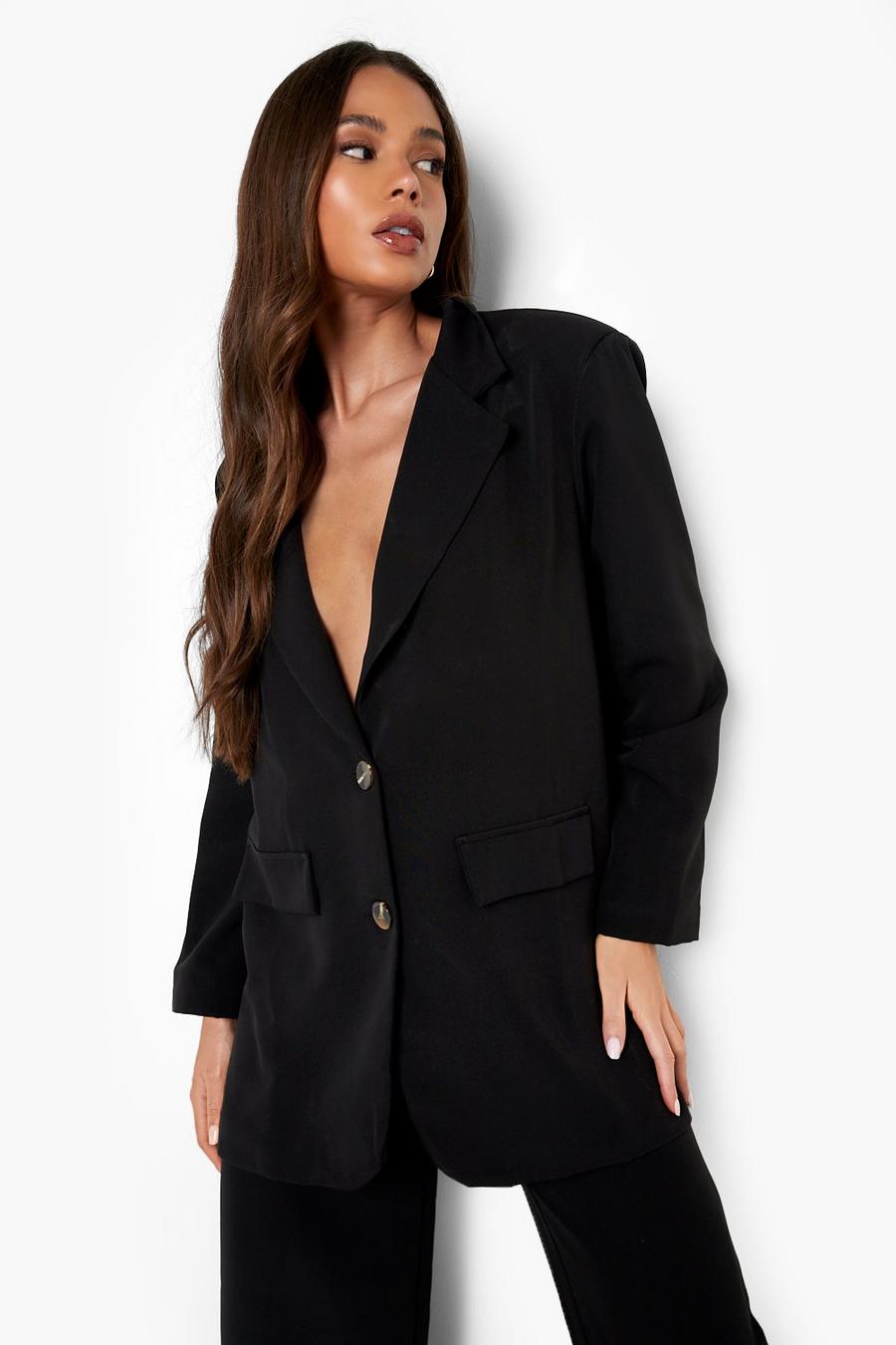 Black Relaxed Fit Mock Horn Button Blazer image number 1