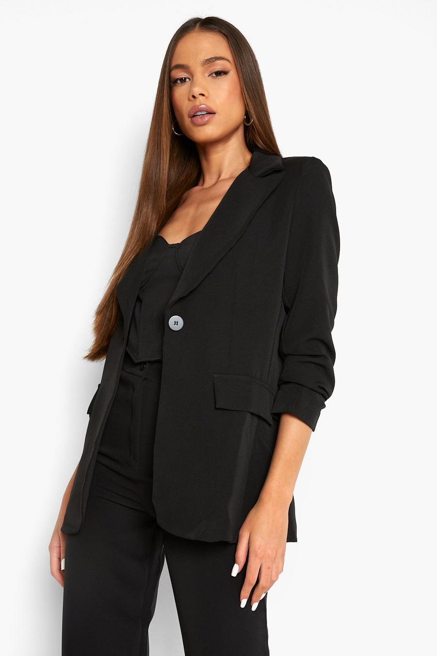 Black Single Button Front Ruched Sleeve Blazer image number 1