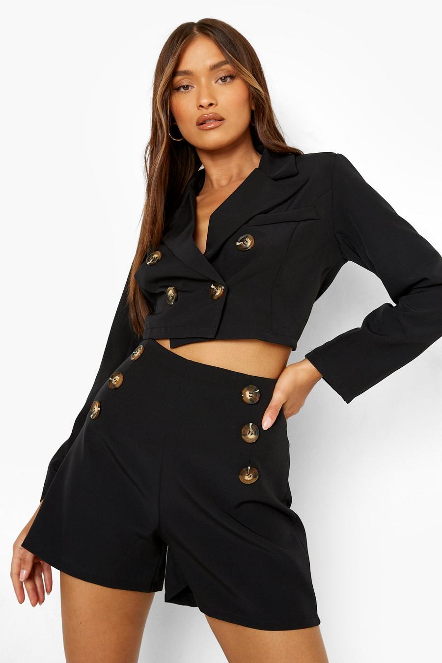 Black Cropped Button Detail Double Breasted Blazer image number 1