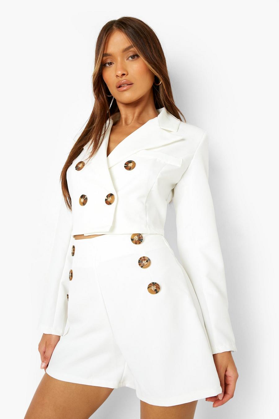 Ivory Cropped Button Detail Double Breasted Blazer image number 1
