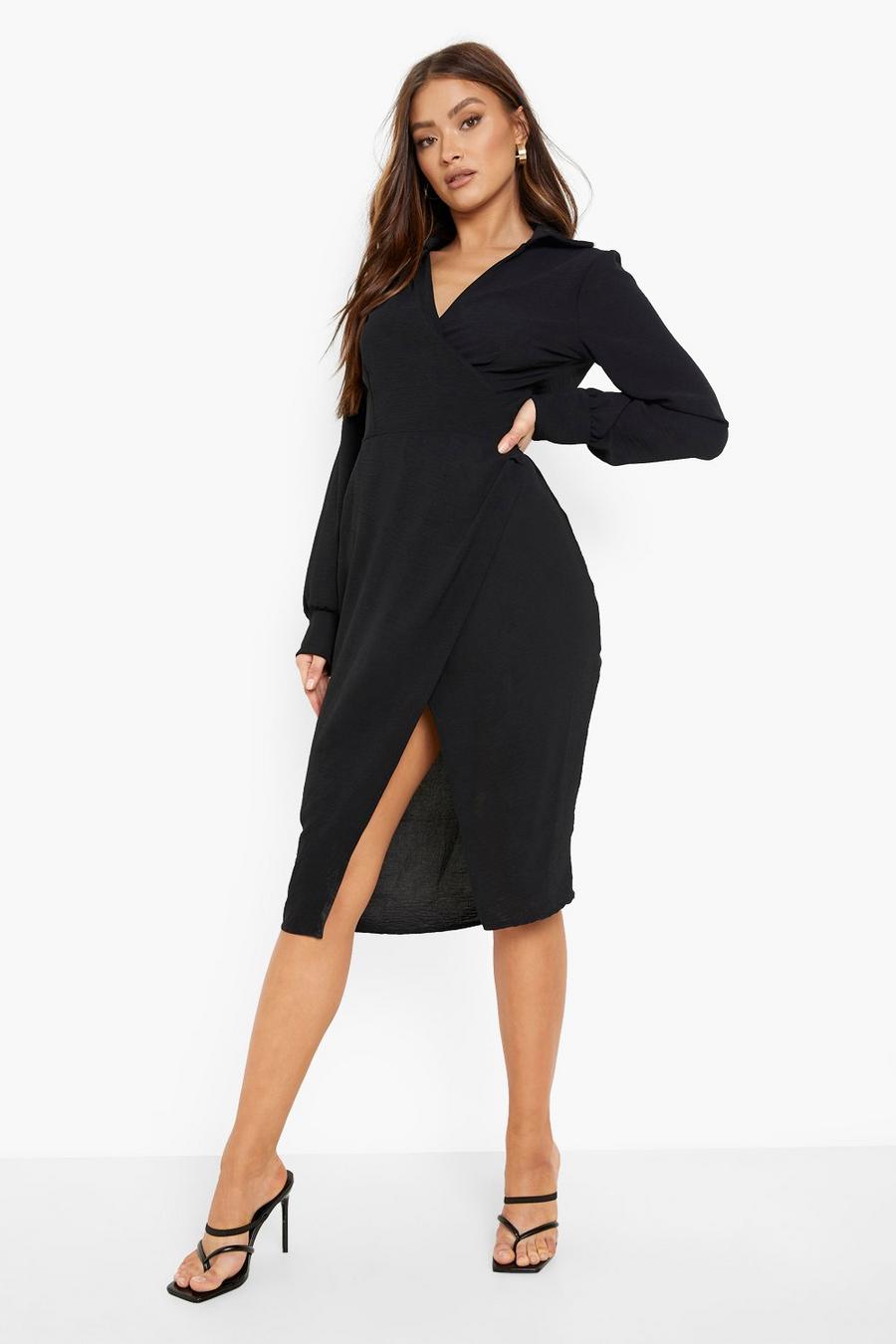 Black Textured Wrap Front Midi Shirt Dress image number 1
