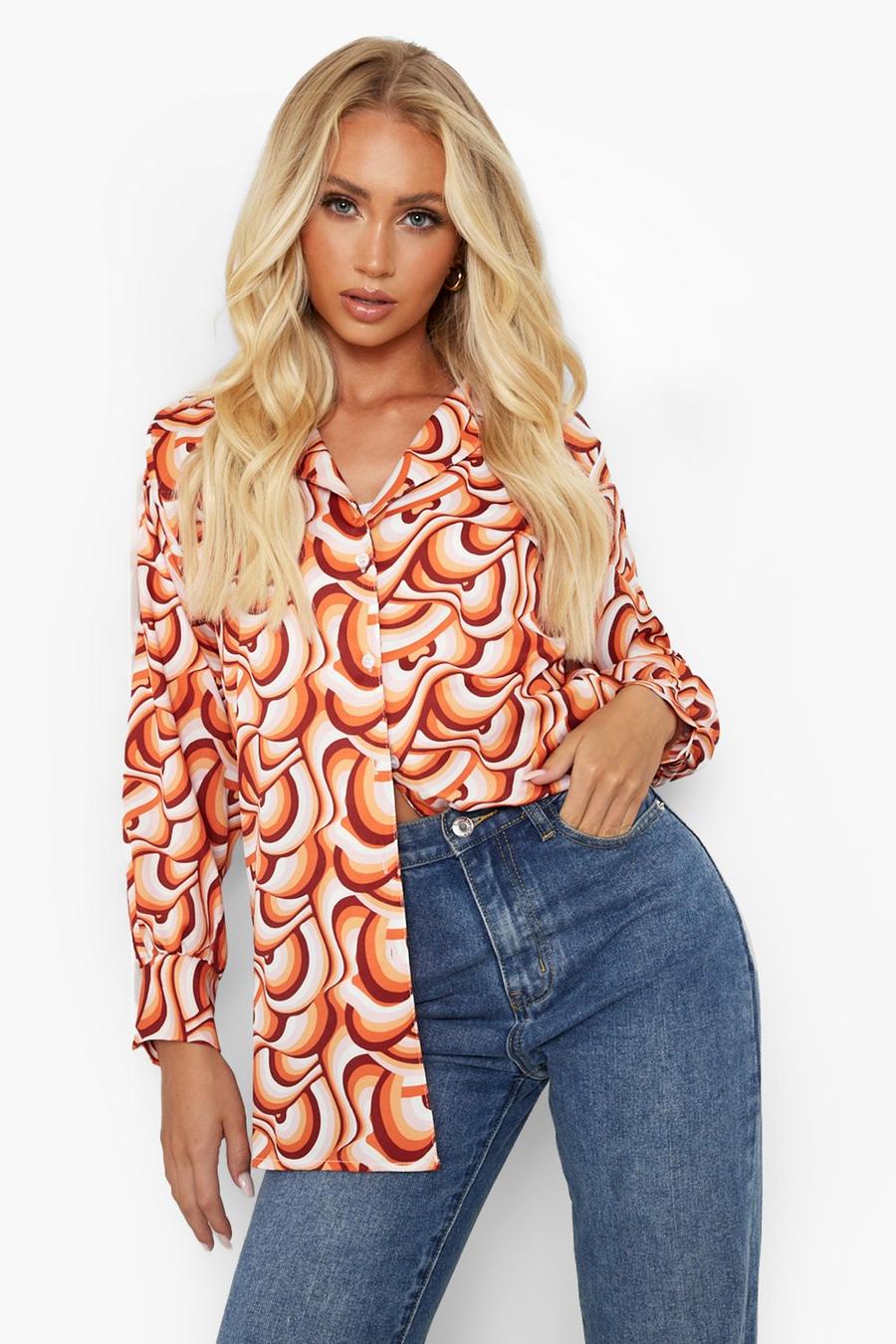 Bluse mit Retro-Print und weiten Ärmeln, Orange image number 1